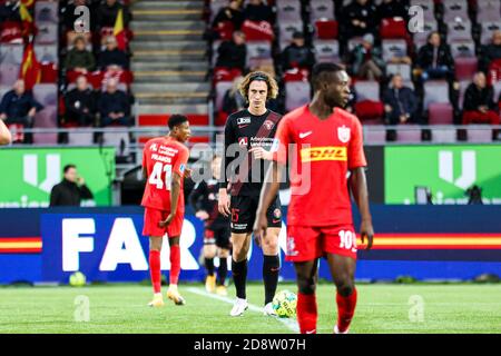 Farum, Danimarca. 31 Ott 2020. Bozhidar Kraev (15) del FC Midtjylland visto nel 3F Superliga match tra FC Nordsjaelland e FC Midtjylland a destra a Dream Park a Farum. (Photo Credit: Gonzales Photo/Alamy Live News Foto Stock