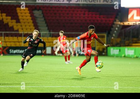 Farum, Danimarca. 31 Ott 2020. Abu Francis (41) del FC Nordsjaelland visto nel 3F Superliga match tra FC Nordsjaelland e FC Midtjylland in destra a Dream Park a Farum. (Photo Credit: Gonzales Photo/Alamy Live News Foto Stock