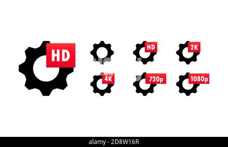 Set di icone di qualità video HD, Full HD, 2K, 4K, 720p, 1080p. Ingranaggi con segnale di qualità. Icona ad alta risoluzione del display standard. Schermo TV Illustrazione Vettoriale