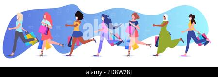 mix di donne di razza in maschera di corsa con borse per la spesa nero venerdì grande vendita coronavirus quarantena concetto lunghezza intera vettore orizzontale illustrazione Illustrazione Vettoriale
