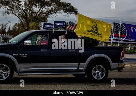 Brooklyn, Stati Uniti. 01 Nov 2020. Centinaia di veicoli adornati da bandiere Trump, viaggiarono lungo la strada di New York City, il 1 novembre 2020, caravanandosi come un'azione di solidarietà che ha portato alle elezioni fortemente contestate contro il candidato democratico Joe Biden. (Foto di Michael Nigro/Sipa USA) Credit: Sipa USA/Alamy Live News Foto Stock