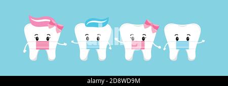 Carino dente bambino ragazza e ragazzo con maschera medica isolato su sfondo. Illustrazione Vettoriale