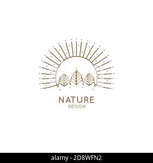 Logo sole. Logo vettoriale di elementi naturali isolati in stile lineare. Icone di contorno paesaggio con alberi e sole Illustrazione Vettoriale