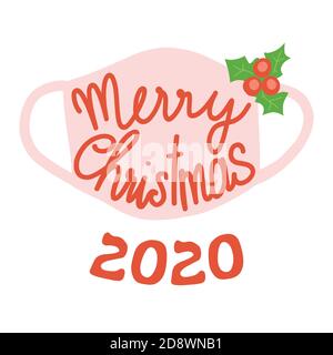 Allegro Natale maschera biglietto d'auguri modello. Formato quadrato Natale 2020 con maschera protettiva contro Coronavirus. Illustrazione Vettoriale