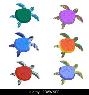 Tartaruga cartoon. Sei. Set di graziose tartarughe multicolore isolate su sfondo bianco. Motivi dei bambini di animali marini. Colori alla moda. Illustrazione Vettoriale
