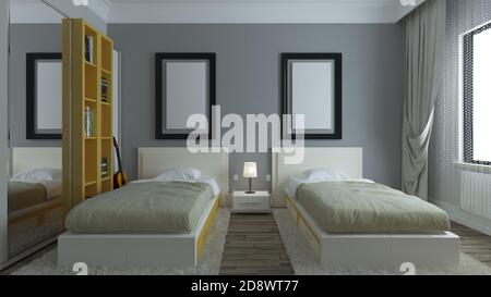 Moderna camera dormitorio, pareti grigie, libreria gialla, letto doppio con design interno photo frame concept rendering 3D Foto Stock