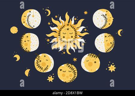 Impostare il sole, la luna e la stella vettore in stile vintage. Illustrazione bohémien disegnata a mano da Cartton. Astronomia boho celestiale capretto cute art. Illustrazione Vettoriale