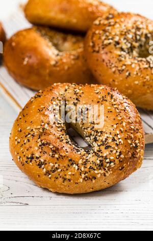 Bagel appena sfornati con semi di sesamo, semi di papavero, aglio e cipolla Foto Stock