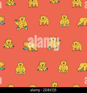 Ripetizione senza cuciture del morbido orsetto blu giallo disegnato a mano che cammina e siede su sfondo rosa Illustrazione Vettoriale