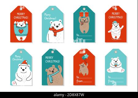 Set di tag natalizi, cartoon polare e orso bruno. Etichetta di carta disegnata a mano, simpatici orsi vettoriali con cappello rosso, regalo. Mammiferi animali di Capodanno. Carte xmas, animali divertenti festeggiano l'inverno Illustrazione Vettoriale