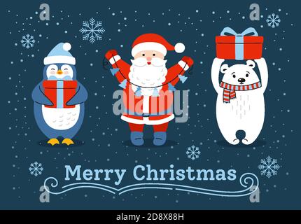 Biglietto d'auguri di Natale, orso polare cartoon, babbo natale e pinguino. Personaggio di Capodanno con regalo. Mano disegnata doodle carino vettore. Divertenti animali festeggiano l'inverno Illustrazione Vettoriale