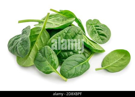 Pile di foglie fresche di spinaci verdi isolate su sfondo bianco. Primo piano Foto Stock