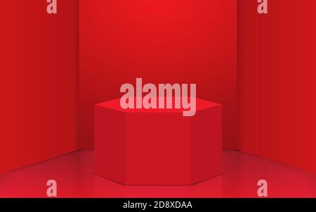 podio esagonale rosso nella stanza studio rossa Illustrazione Vettoriale