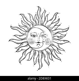 Disegno a mano bohémien, schizzo esoterico, stilizzazione dell'incisione. Sole e luna crescente con un volto. Disegno per tatuaggio, astrologia, adesivo, tarocchi. Illustrazione vettoriale isolata su sfondo bianco Illustrazione Vettoriale