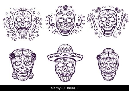Dia De Los Muertos. Cranio a un colore, vettore premium Illustrazione Vettoriale