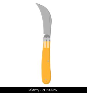 Coltello da giardino isolato su sfondo bianco. Coltello per tagliare rami e arbusti sottili. Attrezzo di giardinaggio. Illustrazione vettoriale in stile cartoon per il Illustrazione Vettoriale