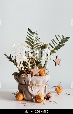 Albero di Natale di houseplant. Scatole regalo e tangerini sostenibili. Eco decorazione di Natale Foto Stock