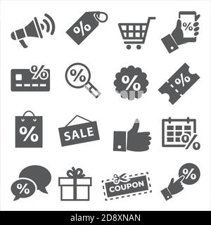 Icone promozionali e coupon su sfondo bianco Illustrazione Vettoriale