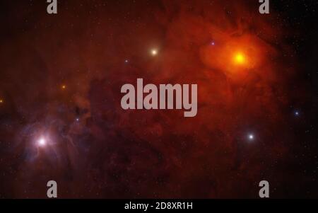 Stelle in nebulosa rossa nello spazio esterno. Illustrazione con rendering 3D. Foto Stock