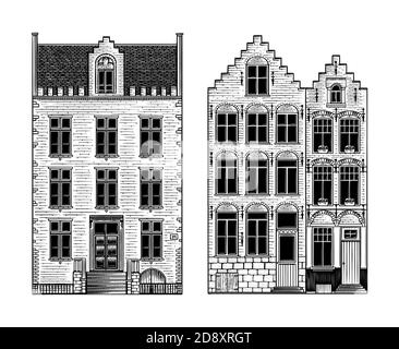 Amsterdam case. Edifici residenziali urbani. Stile scandinavo. Città europea. Illustrazione vettoriale del doodle monocromatico disegnata a mano Illustrazione Vettoriale