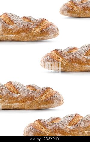 Modello di pane appena sfornato. Baquette saldato su sfondo bianco, vista dall'alto. Panificio, concetto di cibo. Foto Stock