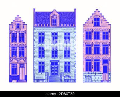 Amsterdam case. Edifici residenziali urbani. Stile scandinavo. Città europea. Illustrazione vettoriale del doodle monocromatico disegnata a mano Illustrazione Vettoriale