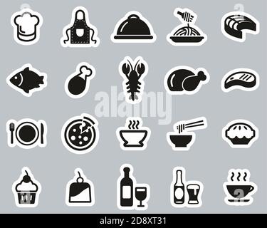 Pranzo o pranzo al ristorante icone Black & White Stickker Set Grande Illustrazione Vettoriale