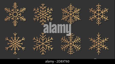 Eleganti silhouette di oro fiocchi di neve icone set. Elementi decorativi per striscioni buon Natale e Felice Anno Nuovo. Trendy diverse forme di neve, gradiente dorato. Illustrazione vettoriale isolata Illustrazione Vettoriale