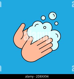 Lavarsi le mani con l'icona di colore sapone. Palme con schiuma di sapone e bolle. Lavare il segnale delle mani. Pulire le mani. Igienizzare, disinfettare e igiene personale Illustrazione Vettoriale