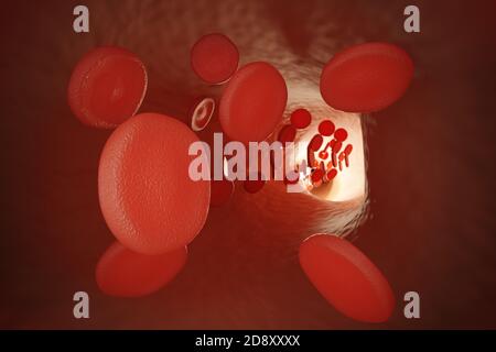 Vista ravvicinata dei globuli rossi nella vena umana. Illustrazione con rendering 3D. Foto Stock