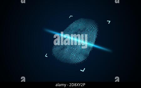 Scansione delle impronte digitali dal dito. Concetto biometrico e di sicurezza. Illustrazione con rendering 3D. Foto Stock