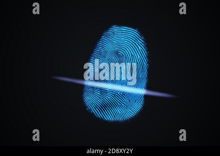 Scansione delle impronte digitali dal dito. Concetto biometrico e di sicurezza. Illustrazione con rendering 3D. Foto Stock