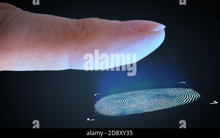 Scansione delle impronte digitali dal dito. Concetto biometrico e di sicurezza. Foto Stock
