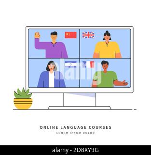 E-learning delle lingue straniere. Concetto di formazione online a distanza. Insegnanti di diversi paesi danno lezioni sul sito web. Vettore. Illustrazione Vettoriale