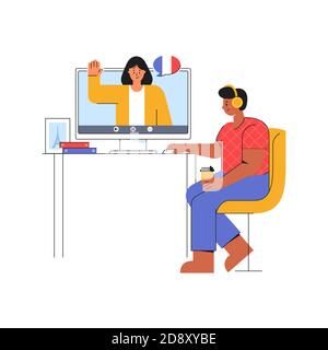 E-learning a casa. Il giovane ascolta l'insegnante di lingua francese. Corso online sul sito Web. Concetto di formazione a distanza. Vettore. Illustrazione Vettoriale