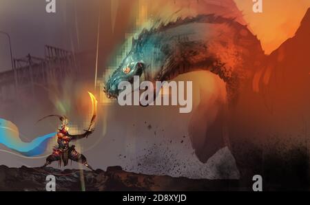 Illustrazione digitale pittura disegno stile un drago cacciatore di combattimento con boss di drago in videogioco, contro rovine città. Foto Stock