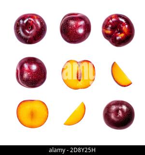 Layout creativo fatto di prugne frutti con foglie isolate su sfondo bianco, primo piano. Concetto astratto tropicale Foto Stock