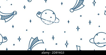 Spazio doodle con pianeti, luna, stelle e comete. Ripetizione senza giunture nello spazio esterno. Illustrazione vettoriale disegnata a mano in stile doodle Illustrazione Vettoriale