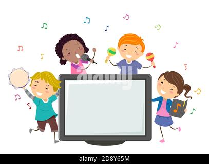 Illustrazione di Stickman Kids in ballo e cantare con a. Schermata Monitor Karaoke vuota Foto Stock