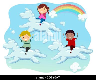 Illustrazione di Stickman Kids Riding Unicorn Cavallo nuvole a forma di cavallo in Il cielo con l'arcobaleno Foto Stock