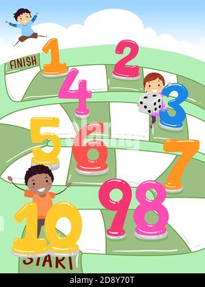 Illustrazione del gioco da tavolo Stickman Kids Playing con i numeri da Uno a dieci Foto Stock