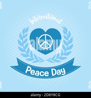 Internationl Peace Day logo o banner con cuore e oliva illustrazione delle diramazioni Illustrazione Vettoriale