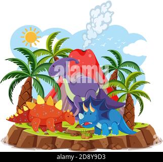 Cute dinosauri con eruzione vulcanica isolato su sfondo bianco illustrazione Illustrazione Vettoriale
