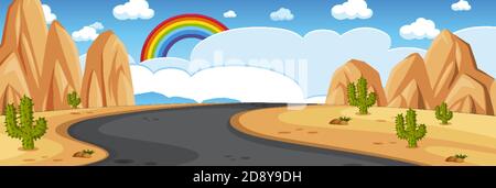 Scenario naturale orizzonte o paesaggio campagna con vista deserto e. arcobaleno in cielo vuoto a illustrazione diurna Illustrazione Vettoriale