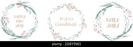 Corona vintage disegnata a mano. Acquerello albero bacche rami wreath. Cornice invernale vintage Illustrazione Vettoriale
