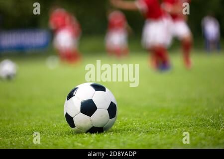 Pallone da calcio su un campo da calcio. Campo da calcio Green Grass. Calcio Turf e giocatori, calciatori in allenamento in background Foto Stock