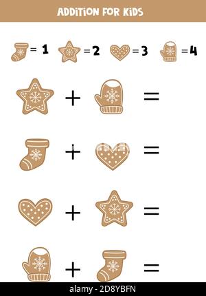 Aggiunta di biscotti al pan di zenzero. Gioco matematico per bambini. Illustrazione Vettoriale