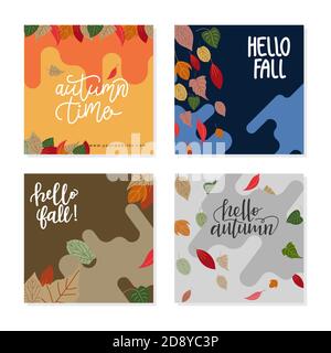 Modelli di banner quadrati astratti di tendenza con elementi autunnali. Adatto per post sui social media, app mobili, banner e annunci Web/Internet. VECTO Illustrazione Vettoriale