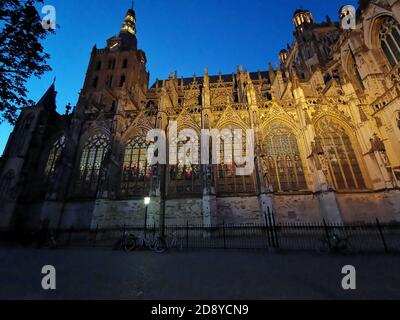 La cattedrale Sint Jan a Den Bosch di notte con lampade che brillano su di esso Foto Stock