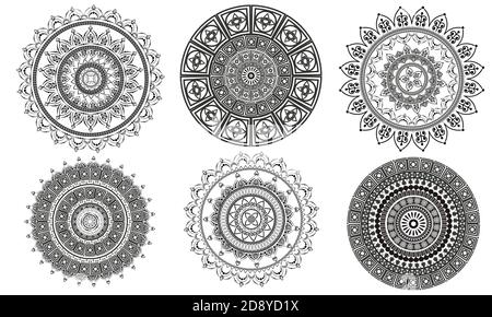 Insieme di motivi circolari sotto forma di mandala per hennè. Mehndi. Illustrazione Vettoriale